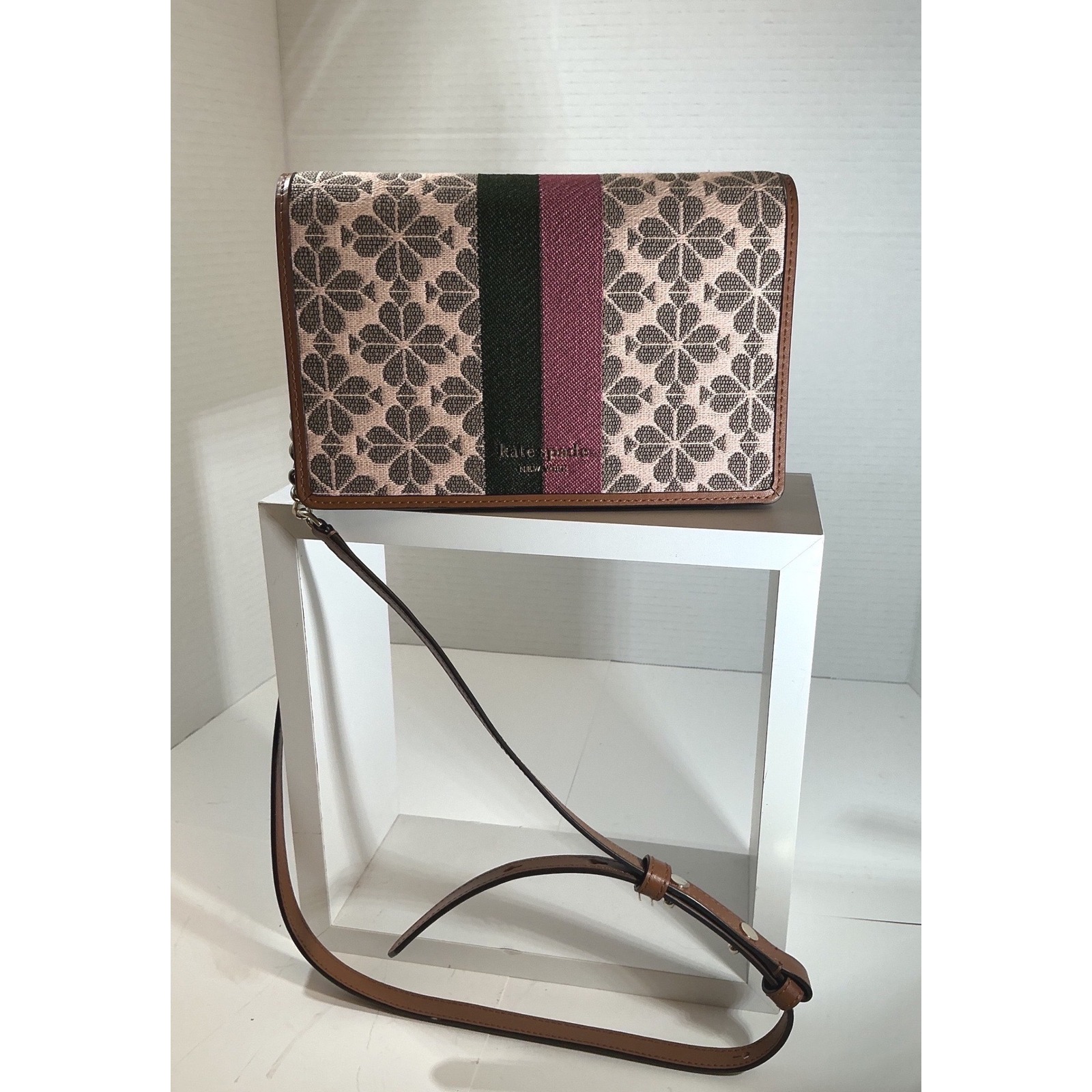 Kate Spade Flower Jacquard Stripe Crossbody Bag Pink Green Tan K4371